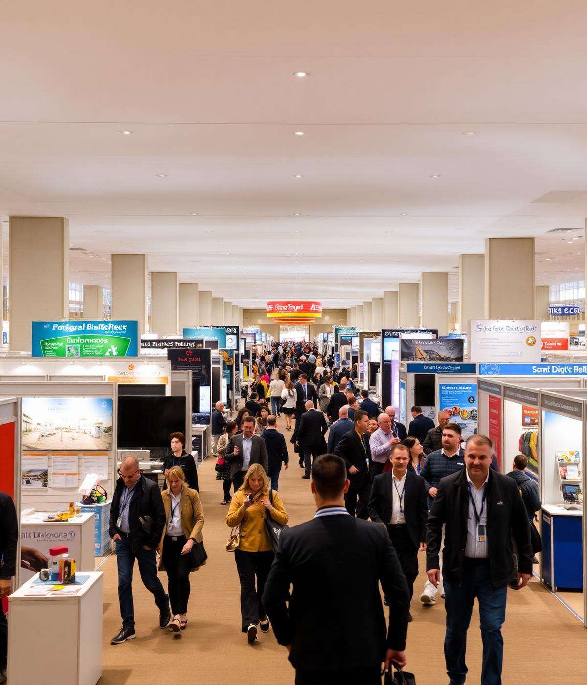 Visitors walking between stands at a busy business exhibition